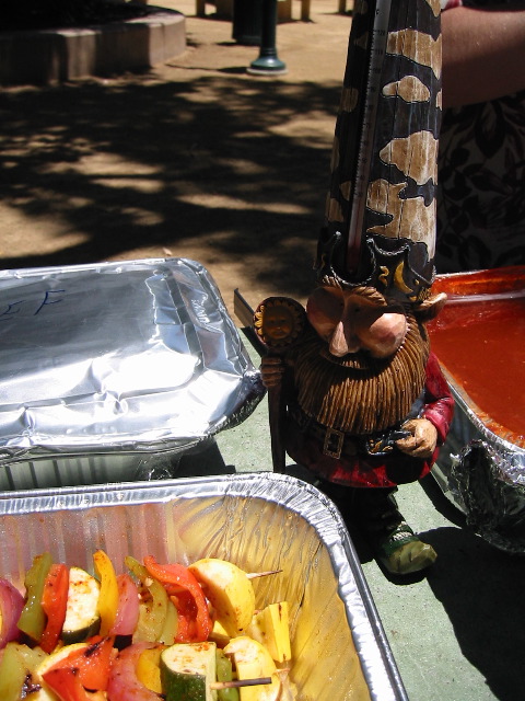 The gnome eyes the veggie kabobs